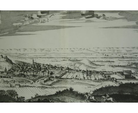 A lithograph of Edinburgh after an 18th century engraving, framed and glazed. H.50 W.70cm. 