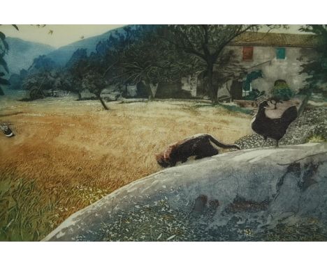 A limited edition etching, a rural setting with farm house, cat and chicken, signed in pencil Robert R Greenhalf, framed and 