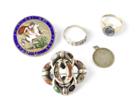 A George III enameled silver crown brooch, a silver Mizpah ring, a Queen Victoria enamelled six pence coin with hoop attached