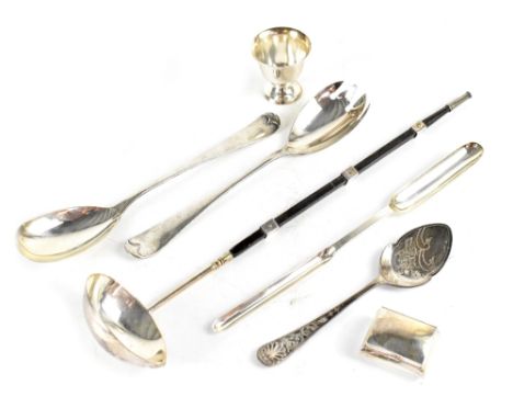 A pair of George V hallmarked silver salad servers, Chester 1924, an Elizabeth II hallmarked silver marrow scoop, Sheffield 1