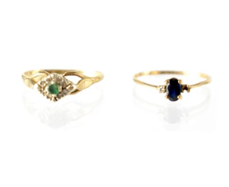 Two vintage 9ct gold small dress rings, one with small emerald and diamonds, size K and  one with small sapphire, size N, app