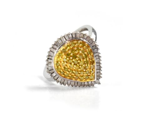 A 9ct white gold ladies' pear-shaped dress ring, set with yellow stones and white diamond surround, size R, approx 3.4g.