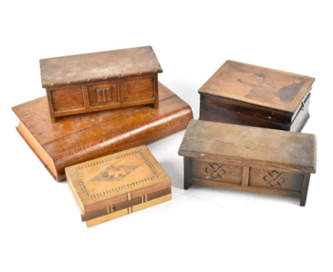 Various wooden boxes to include a child's candle box with a marquetry design depicting a kneeling child offering a candle in 