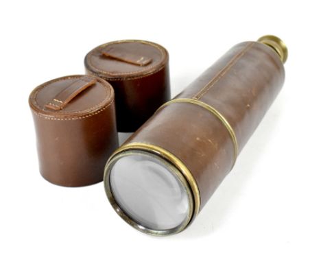 A Broadhurst Clarkson &amp; Co five-drawer brass and leather bound spotting telescope, with lens caps, first drawer marked 30