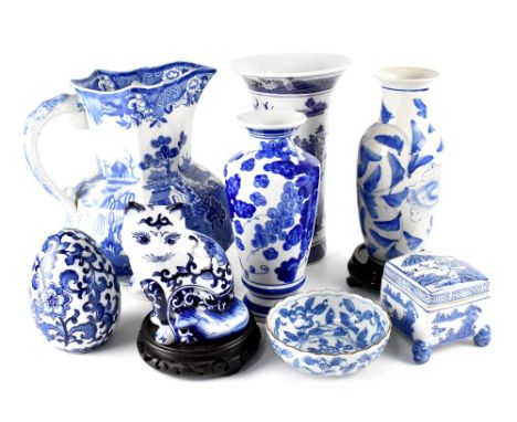 A group of contemporary blue and white mainly Oriental ceramics to include floral baluster vases, decorative egg and call, gi