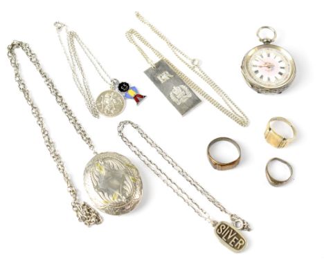 Various items costume jewellery, mostly silver to include a silver open faced pocket watch, ingot pendant and chain, a St Chr