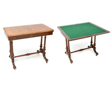 A Victorian burr walnut card table on twin turned pedestal base, united by stretcher, with scroll to castors, 75 x 90 x 48cm.