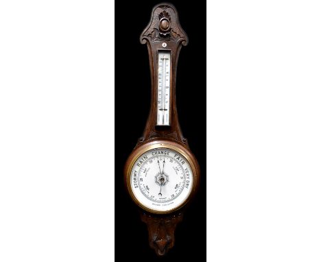 An oak-cased banjo barometer with attached thermometer, height 88cm.