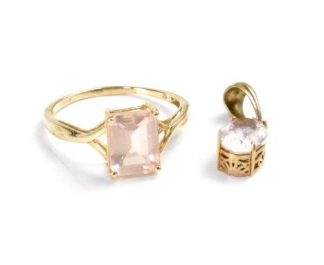 A 9ct yellow gold ladies' dress ring with emerald-cut pink stone, size R and a matching pendant, combined approx 1.8g (2). CO