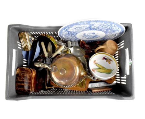 A group of mixed items to include plated flatware, metal teapot, various ornamental boxes, cheese board, a Royal Worcester 'E