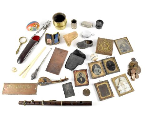 Various mixed collectables to include daguerreotypes, compact in the form of a piano, magnifying glass, coins brass plaques, 