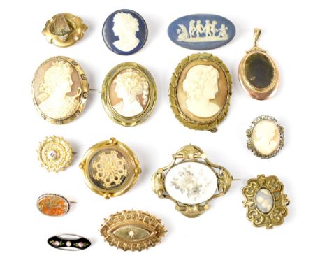 Various 19th century and other gold plated and yellow metal brooches to include three mourning brooches with woven hair, five