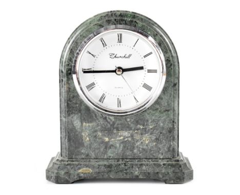 A Churchill green marble mantel clock with Art Deco inscribed stepped plinth base, the white dial set with Roman numerals, he