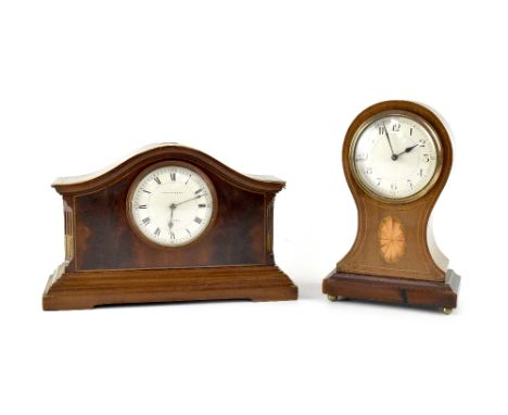 An Edwardian inlaid mahogany balloon mantel clock, the dial set with Arabic numerals and French movement, case with inlaid fa