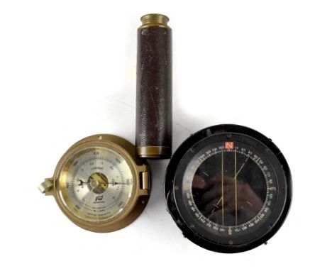 A vintage Henry Browne Sestrel compass, possibly military, in black painted case, a Plastimo brass-cased weather barometer an