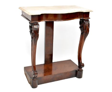 A Victorian mahogany console table with serpentine front and marble top, on carved cabriole supports to plinth base, 83 x 72 