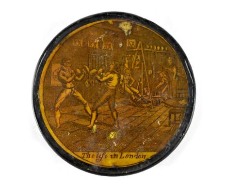 A 19th century papier-mâché circular snuff box, 'Life In London', depicting two men boxing and a man being weighed, diameter 