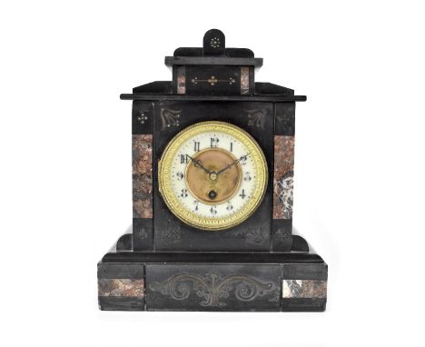 A Victorian black slate and marble mausoleum mantel clock, the enamelled and gilded dial set with Arabic numerals, height 31c