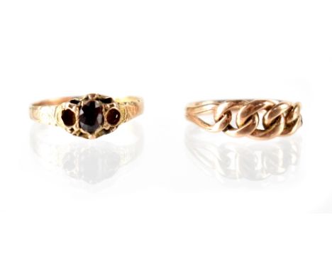 Two gold rings to include a 9ct part chain link ring, size L and a 15ct ruby ring flanked by two vacant mounts, size R, appro