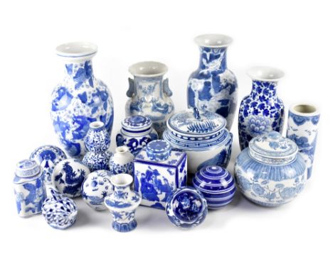 A large quantity of contemporary blue and white Oriental ceramics to include, planter, baluster vases, matching and non-match