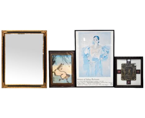 A large rectangular Empire-style black and gilt wall mirror, 138 x 108cm, two decorative prints, a fashion print 'Portrait of