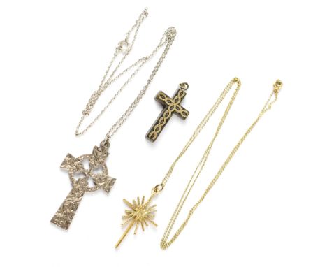 A hallmarked 9ct gold cross on 9ct gold dainty necklace, length 50cm approx 2.6g, a hallmarked silver Celtic-style cross on s