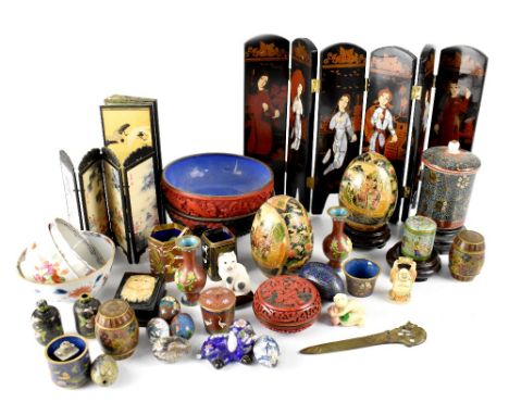 A mixed Oriental lot, various contemporary cloisonné items to include decorative eggs, small pots and vases, baluster vase, c