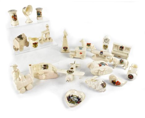 A small collection of crested ware to include a City of London tank, a Victoria China Bootle torpedo, a Ledonia ambulance, a 