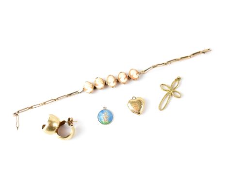 Various items of jewellery to include a pair of yellow metal wide hoop earrings, a 9ct gold heart locket, a 9ct gold cross, a