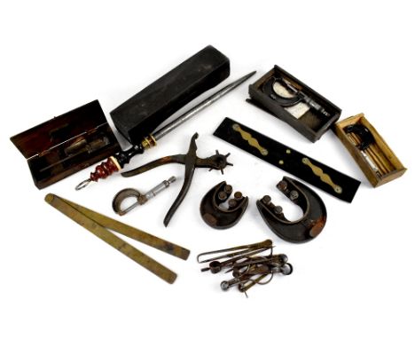 Various vintage engineering tools to include three micrometers, a small Vernier height gauge, sharpening steel and stone, var