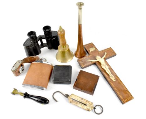 Various collectibles to include a pair of military binoculars, a compass in wooden box, a wall-hanging cross, a copper horn, 