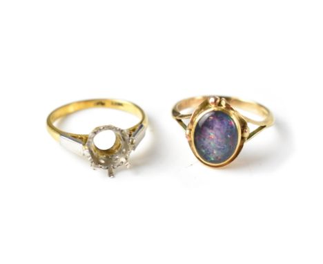 A 9ct gold fashion ring with collar set oval dark opal, size N, approx 2.5g, also an 18ct gold ring and platinum vacant mount