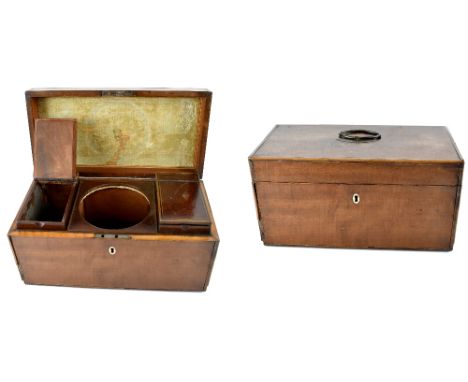 A 19th century mahogany tea caddy with two lined tea containers, lacking central mixing bowl, 16 x 30cm. CONDITION REPORT Age