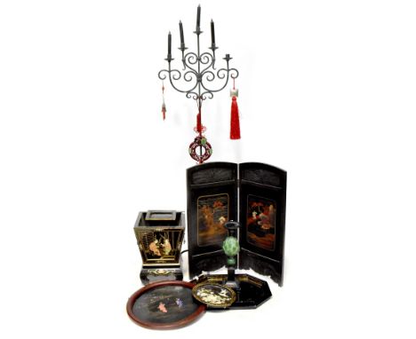 A group of Oriental inspired items to include a green painted metal floor standing five-branch candle holder with Oriental be