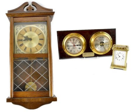 A London Clock Company quartz drop-dial wall clock, a Spectrum mahogany mounted wall clock and barometer with plaque and a br
