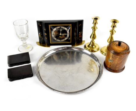 A Keswick Staybrite round tray, diameter 33cm, a pair of brass candlesticks, an oak tea canister in barrel form, an 19th cent