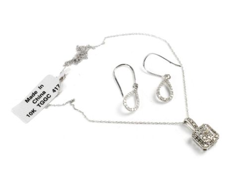 A 10ct white gold link fine chain with an Art Deco style diamond-set pendant, a pair of white metal pear-shaped drop earrings