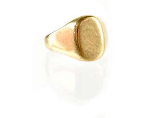 A hallmarked 9ct gold signet ring, size R, approx 7g. CONDITION REPORT the Shank has been cut