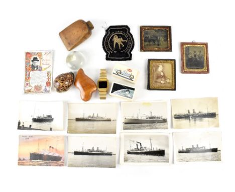 Various collectibles to include a British Amateur Wrestling Association metal embroidered cloth badge, three daguerreotype ph