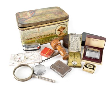Various collectables in a vintage military themed Geo. Bassett &amp; Co biscuit tin to include a boxed Ronson lighter inscrib