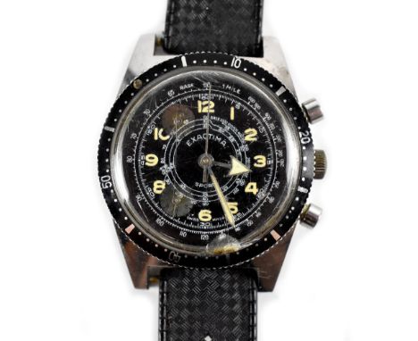 A vintage Exactima Sport diver's chronograph, with manual wind movement, black dial set with two subsidiary silver dials, lum
