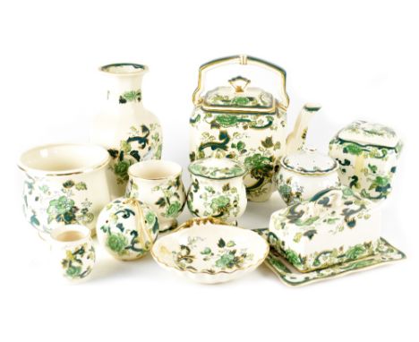 A quantity of Masons Chartreuse ceramics to include baluster vase, butter dish, various lidded pots, a pair of tea caddies, O