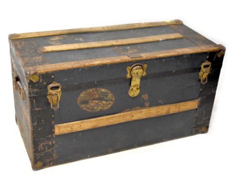 An early 20th century wood bound liner travel trunk with brass name plaque for 'J Mackay', length 92cm, height 47cm.