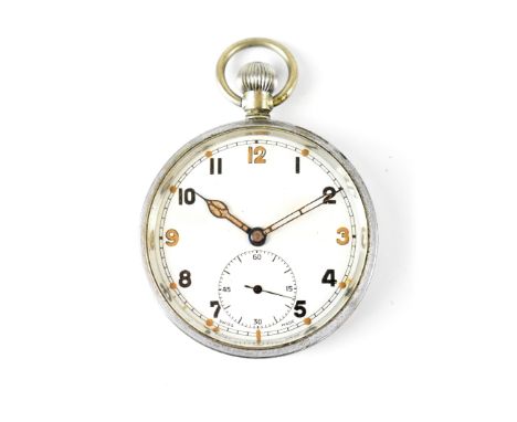 A base metal keyless wind military issue pocket watch, the case back inscribed 'G.S.T.P. Q7822' and with broad arrow, 51mm. C