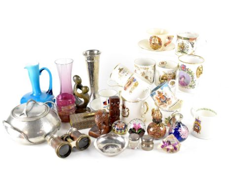 Various collectible items to include glass paperweights, coloured glass vase, coloured glass ewer, Argent hammered pewter bis