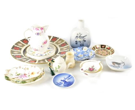 A Royal Crown Derby 'Imari' pattern 1128 plate and smaller 'Old Imari' pattern pin dish, miniature Belleek porcelain teapot a