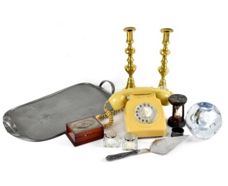 Various collectibles to include a Tudric pewter twin-handled serving tray, length 49cm, a pair of 19th century brass candlest