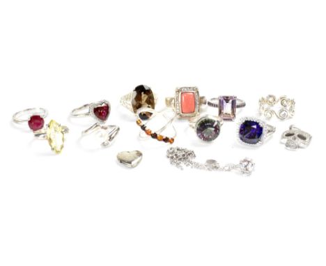 Ten silver ladies' dress rings set with various coloured stones to include amethyst, ruby, pearl, etc, a fine link silver cha