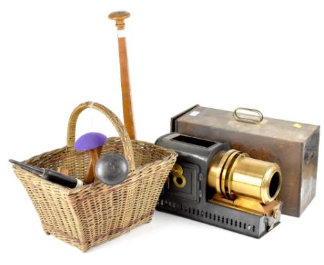 Various collectibles to include a magic lantern, later converted to electricity, with lens funnel and metal carry case, a cha