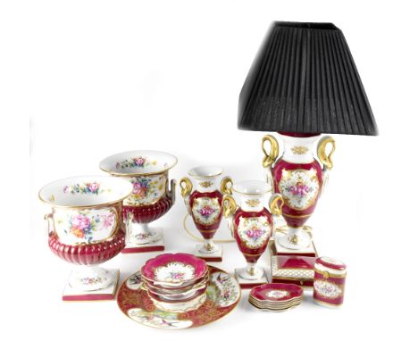 A quantity of Limoges Du Barry ceramics to include two large twin-handled planters to stepped square bases, a table lamp, a p